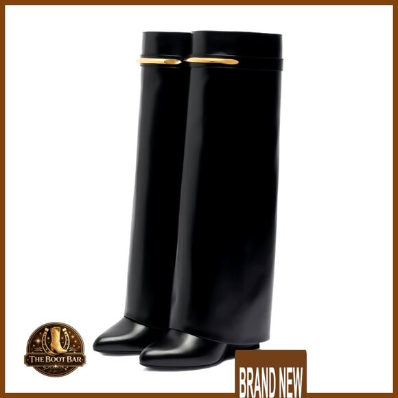 Shoes - Knee High Wedge Boots Fold Over Shaft Wide Calf Pull On Leather Fashion